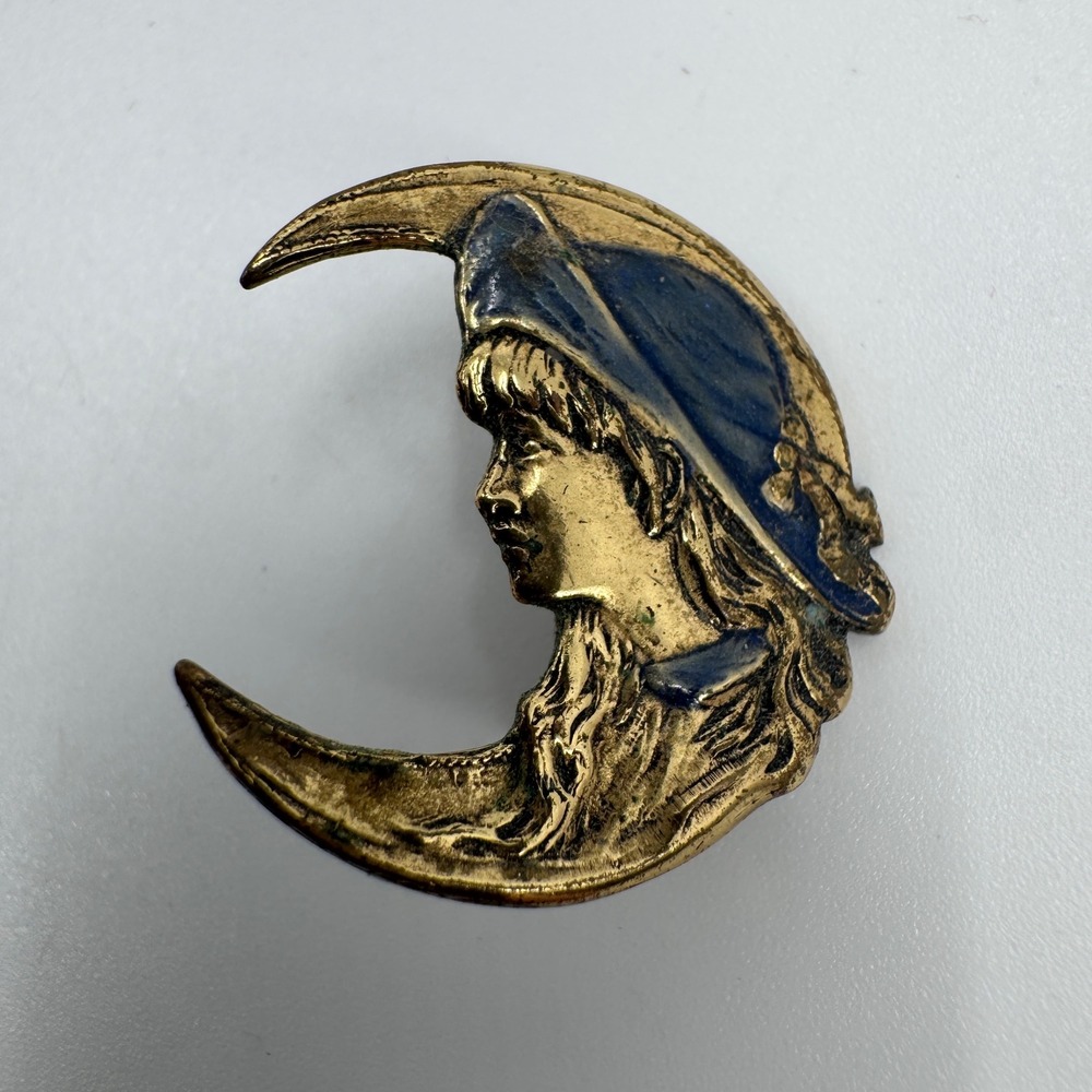 Crescent Moon Maiden Brooch Women Gold Blue Enamel Art Nouveau Style Unbranded